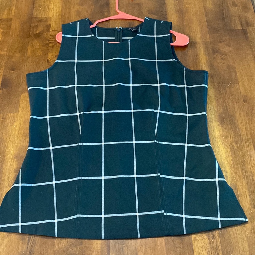 Ann Taylor Dark Green and White Grid Blouse